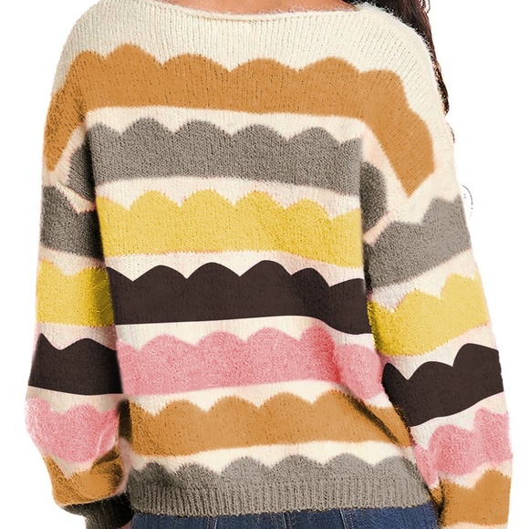 B209 Yellow Wave Striped Balloon Sleeve Drop Shoulder Sweater - Picture 2 of 2